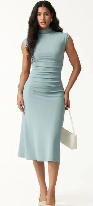 OGLmove Mockneck Tucks Midi Dress Pastel Blue Size 2XS New With Tags thumbnail 1