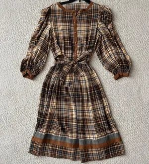 Vintage Silk Brown Checkered Dress Size 6 thumbnail 2
