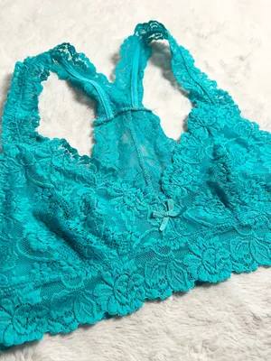 Teal Blue Lace Racerback Bralette Size Medium Aqua Wireless Comfort Lacy Stretch thumbnail 3