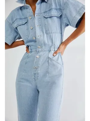 Free People We The Free Marci coveralls Denim Jumpsuit in Clear Skies Size Large thumbnail 2