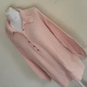 Free People FP Beach Pink Ribbed Knit Polo Tunic Sweater Linen Cotton‎ Blend M thumbnail 2