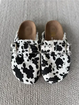 Cow Print Canvas Slip On Slides Mules Clogs in Black and White Size 38 thumbnail 3