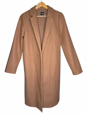 Zara Women L Camel Brown Open Lapel Long Coat Minimalist Quiet Luxury Overcoat thumbnail 2