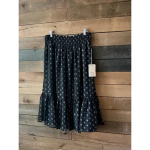 Black Metallic Dot Tiered Midi Skirt Boho Romantic Flowy Skirt thumbnail 3