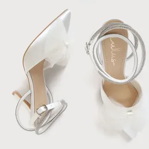 Lulus Lelanee White Satin Rhinestone Bow Ankle Strap Pumps thumbnail 5