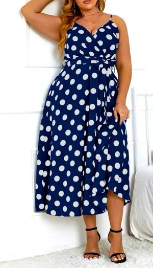 Navy Blue & White Polka Dot Belted Dress - Size 18 thumbnail 1