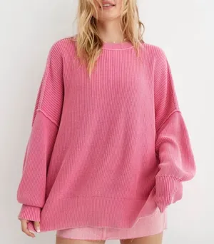 Aerie‎ Small Beyond Oversized Rib Tunic Sweater Pink Preppy Chic Lounge School thumbnail 1