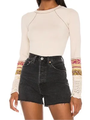 Free People In The Mix Cuff Cream Crochet Embroidered Boho Thermal Top XS thumbnail 1