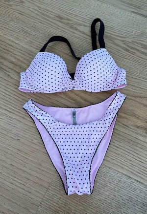 Pink Polka Dot Bikini Set with Black Trim thumbnail 1
