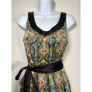 LulaKate Paisley Silk Dress Multicolor Satin Trim Belted Cocktail Boho Size 10 thumbnail 3
