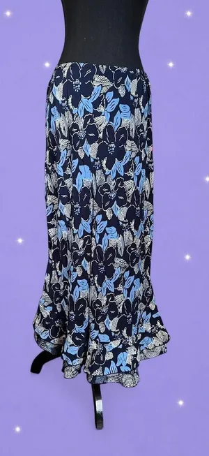 Vintage Y2K White Rice Coastal Boho Blue Floral Ruffle Hem Maxi Skirt Size XL 💙 thumbnail 2
