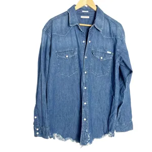 Mother The Western Cowgirl Blue Denim Jean Long Sleeve Button Raw Hem S thumbnail 3