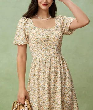 Rihoas Yellow Floral Puffed Sleeve Midi Dress thumbnail 7