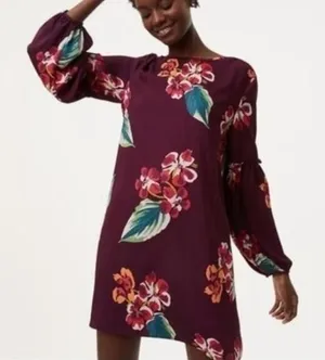 LOFT Womens Plum Purple Tropical Floral‎ Puff Sleeve Shift Dress XSP Petites thumbnail 1