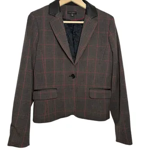 Willi Smith blazer wmns 8 Glen‎ plaid red gray faux leather collar single button thumbnail 2