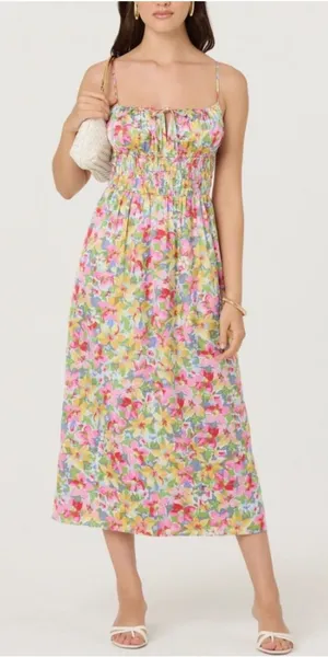 ASTR the‎ Label Floral Satin Smocked Tie Front Midi Dress thumbnail 1