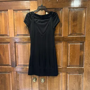 Vintage CACHE 100% Silk Satin Cocktail Dress Black Size 4 LBD Cap‎ Sleeve Luxe thumbnail 5