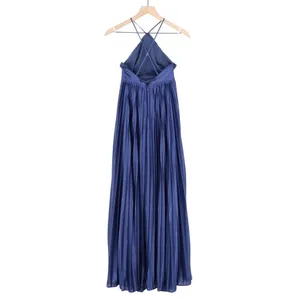 Lulus Elaborate Charm Maxi Dress Womens Navy Blue Satin Pleated Adjustable Strap thumbnail 6