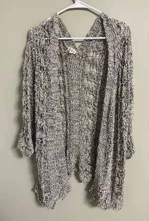 POL Open Knit Marled Cardigan Sweater Gray White Size Medium Crochet Duster thumbnail 1
