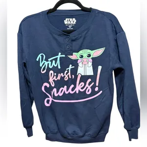 Star Wars Navy Baby Yoda Pajama Lounge Sweatshirt Top “But First, Snacks!”‎ XS thumbnail 1