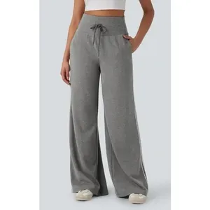 Halara Ribbed High Waisted Tummy Control Drawstring Wide Leg Fleece Trousers M thumbnail 2