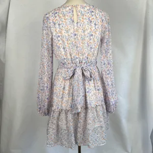 Floral Long Sleeve Mini Dress‎ Smocked Waist V-Neck Back Tie Medium Wedding Boho thumbnail 5