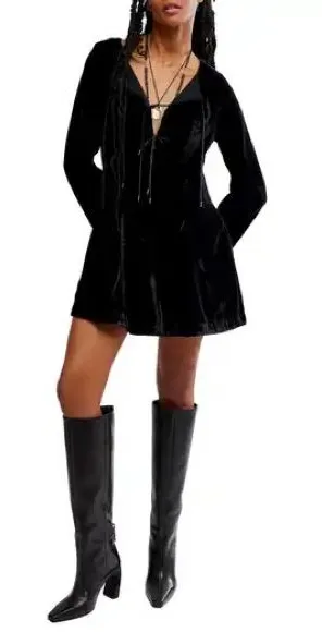 Free People Black Velvet Lace-Up Long Sleeve Mini Dress Size 8 thumbnail 1
