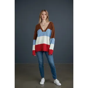 POL Striped V Neck Distressed Sweater‎ Size L Brown Blue White Red thumbnail 2