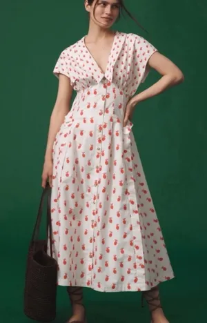 ANTHROPOLOGIE Pineapple Printed V-neck Smocked Waist Midi Dress White size Small thumbnail 1