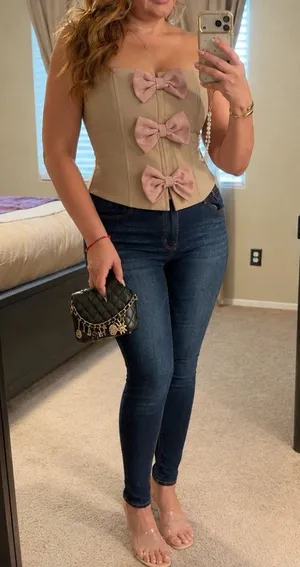 Lulumari Taupe corset with Blush Pink Bow Details thumbnail 1