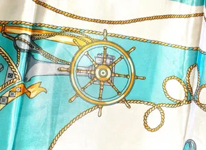 Vintage Square Sailing BOAT,WHEEL&Anchor 35/35 Oversized TEAL satin Silky SCARF thumbnail 6