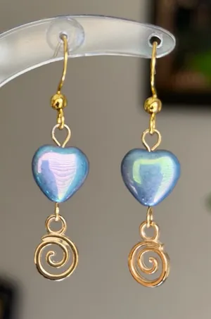 Handmade boho dainty whimsy quality Czech glass beads & swirl dangle earrings💜🩵💙 thumbnail 1