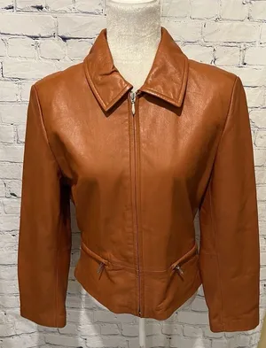 Vintage Wilsons Leather Jacket Women Orange Zip Up Size Medium thumbnail 1