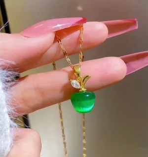 18K Gold Plated Emerald Green Crystal Apple Pendant Necklace for Women thumbnail 4
