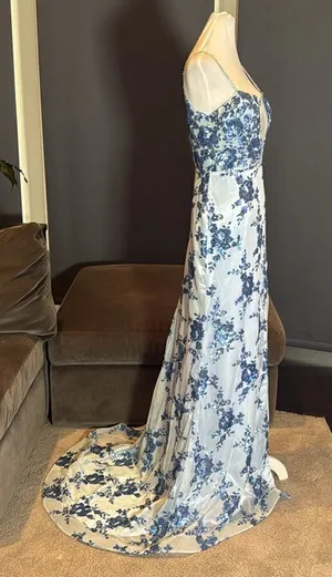 Women’s Blue Mermaid Fit Dress Sparkly Sequins LaceUp Back Leg Slit Size 4 *READ thumbnail 1