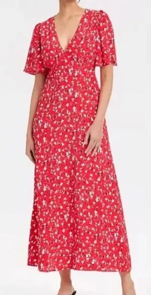 A New Day NWT Women's Short Sleeve Maxi Sundress Red Floral Size 2 thumbnail 1