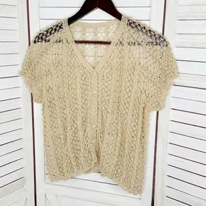 Vintage Boho Crochet Lace Sheer Topper Cardigan Button Up Tan Medium Cottagecore thumbnail 7