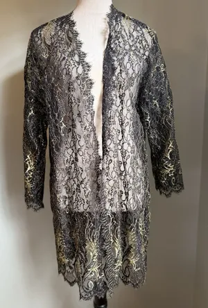 Victoria's Secret Black Gold Lace Robe 90's Glam Whimsi Goth S resort beach boho thumbnail 1