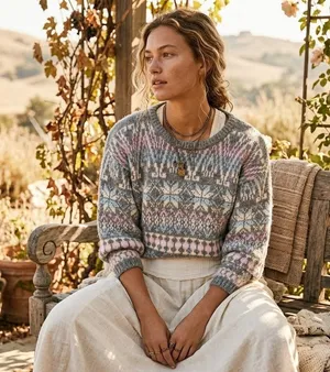 Vintage fair isle gray nordic thick sweater neutral pullover lodge medium chunky thumbnail 1