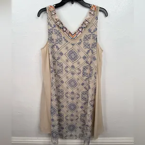 Free People Dress Womens M Beige Beaded Shift Short Sleeveless V-Neck Boho thumbnail 4