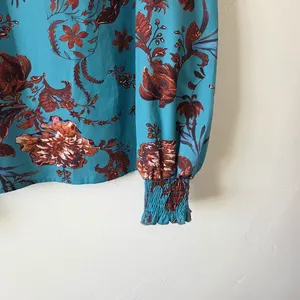 SheIn Blue Floral Blouse Top Smocked Ruched High Neck Boho Indie Gypsy Modest Medium thumbnail 4