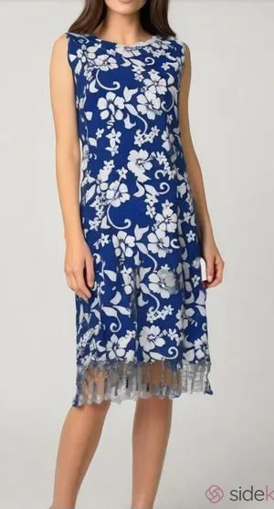 Tropical floral hibiscus print fringed rayon sleeveless dress size S thumbnail 1