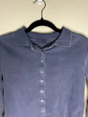 Brandy Melville Caroline Button Fly Ribbed Long Sleeve Vintage‎ Blue Crop Top thumbnail 3