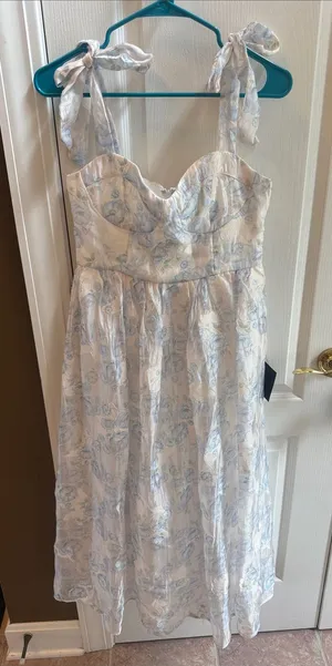 Lulu's White Midi Dress with Pale Blue Floral Print and Tie Shoulders thumbnail 1