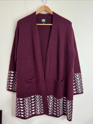 Frye Burgundy Open Front Long Sleeve Geometric Patterned plush Long Cardigan XL thumbnail 2