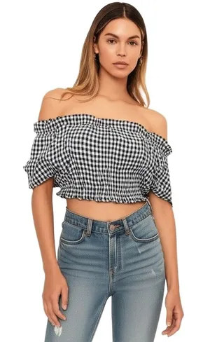 American Eagle Outfitters Top Womens Size Small Blue‎ White Gingham Crop Shirred thumbnail 1