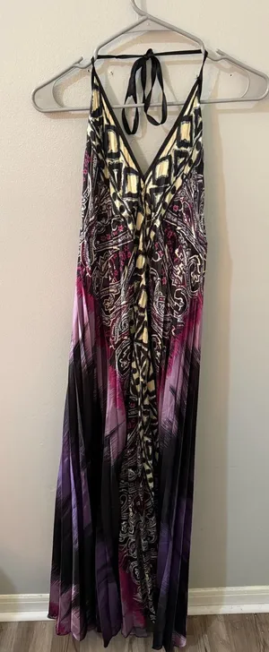 V-Neck Halter Maxi Dress in Black, Purple & Pink thumbnail 1