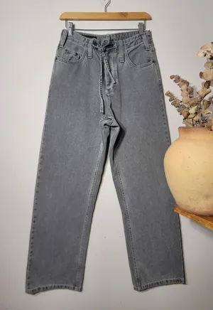 Zara Y2K Gray Wide Leg Tie-Waist Jeans Streetwear Sz 28 thumbnail 1
