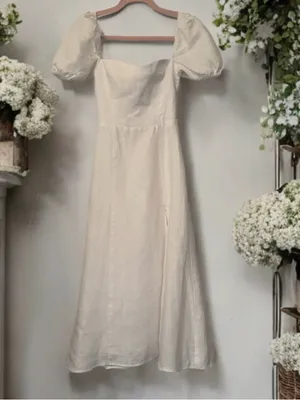 Reformation Denver White Linen Open Back Puff Sleeve Romantic Midi Dress Size 0 thumbnail 6