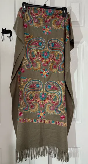 Colorful Hand Embroidered Paisley Shawl with Fringe thumbnail 1